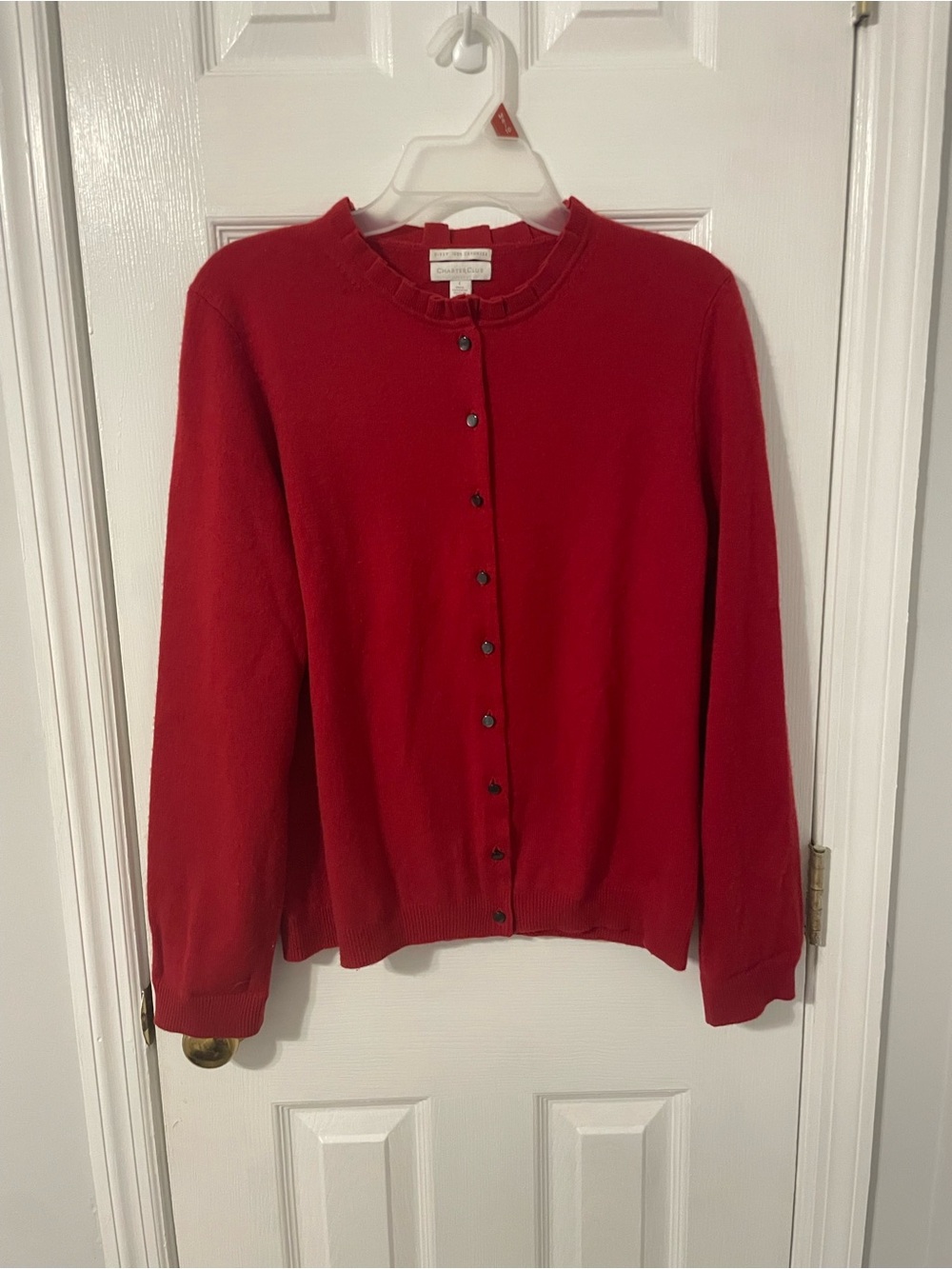 Vintage Charter Club Ruffle Neck Cashmere Red Button-Front Crewneck Cardigan